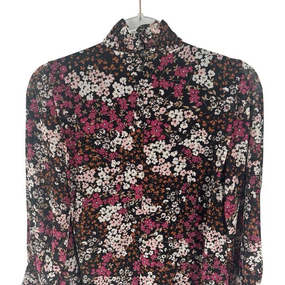 Ann Taylor Dress Womens 2 Black Pink Floral Smocked Neck Shift Chiffon Lined NEW - Picture 11 of 16